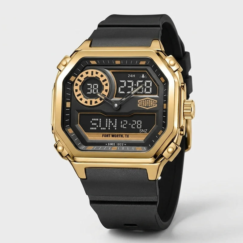 A rugged digital wristwatch with a gold-tone metal case, black strap, and black dial featuring multiple subdials and digital displays.