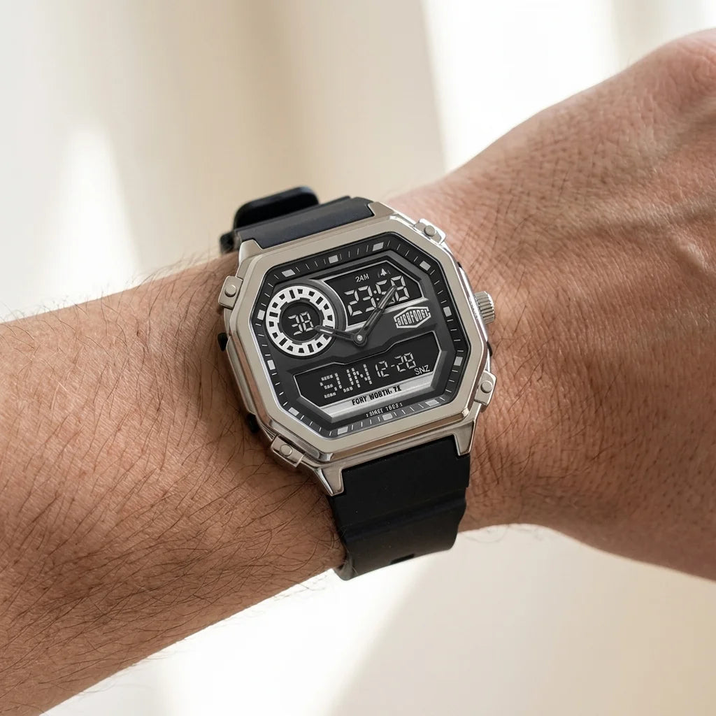 A rugged digital wristwatch with a black strap and silver-toned case, worn on a person's wrist against a softly blurred light background.