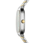 A side profile view of a two-tone stainless steel and gold watch with a rectangular face and a matching metal link bracelet, set against a plain white background.