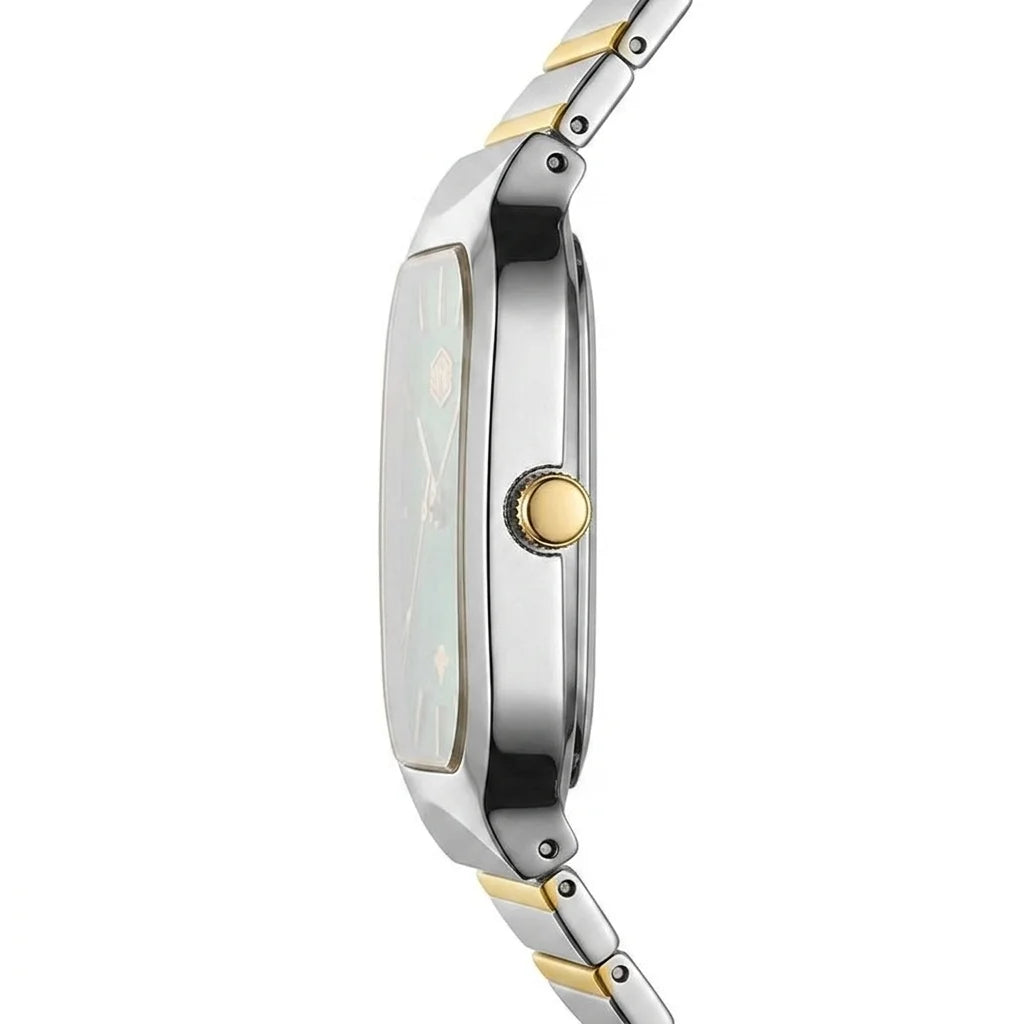 A side profile view of a two-tone stainless steel and gold watch with a rectangular face and a matching metal link bracelet, set against a plain white background.