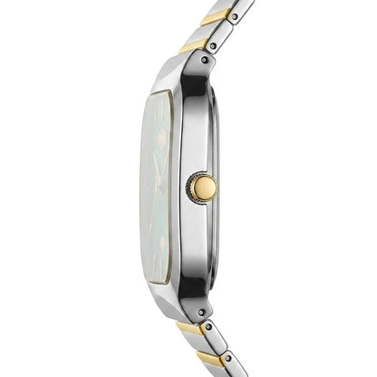 A side profile view of a two-tone stainless steel and gold watch with a rectangular face and a matching metal link bracelet, set against a plain white background.