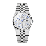 A silver-tone stainless steel watch with a fluted bezel, a textured white dial with blue hands and hour markers, and a matching steel link bracelet, shown against a plain white background.