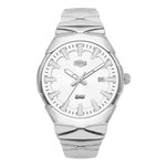 A silver-tone stainless steel wrist watch with a matching silver-tone link bracelet, featuring a white dial with silver indices and hands.