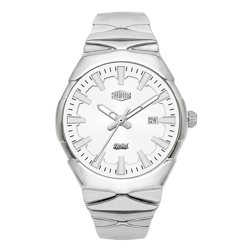 A silver-tone stainless steel wrist watch with a matching silver-tone link bracelet, featuring a white dial with silver indices and hands.