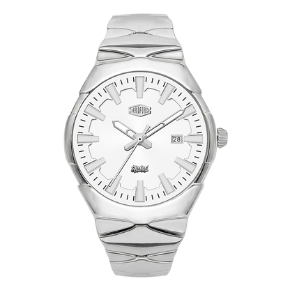 A silver-tone stainless steel wrist watch with a matching silver-tone link bracelet, featuring a white dial with silver indices and hands.