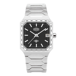 A silver-tone stainless steel wristwatch with a black dial, featuring a unique textured bezel, silver hour markers, and a date window at the 3 o'clock position.