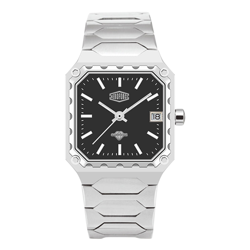 A silver-tone stainless steel wristwatch with a black dial, featuring a unique textured bezel, silver hour markers, and a date window at the 3 o'clock position.