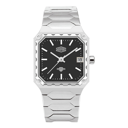 A silver-tone stainless steel wristwatch with a black dial, featuring a unique textured bezel, silver hour markers, and a date window at the 3 o'clock position.