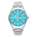 A silver-tone stainless steel wristwatch with a vibrant turquoise blue dia
