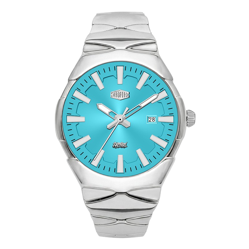 A silver-tone stainless steel wristwatch with a vibrant turquoise blue dia