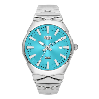 A silver-tone stainless steel wristwatch with a vibrant turquoise blue dia