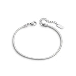 A silver-toned snake chain bracelet with a lobster clasp, extender chain, and blank rectangular tag.