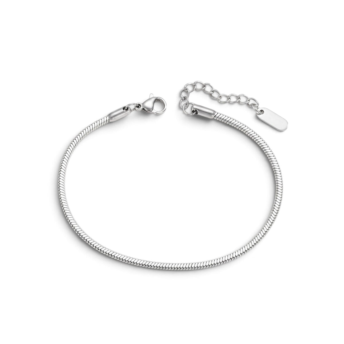 A silver-toned snake chain bracelet with a lobster clasp, extender chain, and blank rectangular tag.