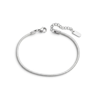 A silver-toned snake chain bracelet with a lobster clasp, extender chain, and blank rectangular tag.