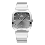A silver-toned stainless steel wristwatch with a square bezel, a textured gray dial, and a matching silver link bracelet, shown against a plain white background.