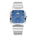 A silver-toned stainless steel wristwatch with a square blue dial and a matching silver link bracelet, shown against a plain white background.