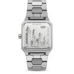 A silver stainless steel analog watch with a square case and a matching metal link bracelet, shown from the back