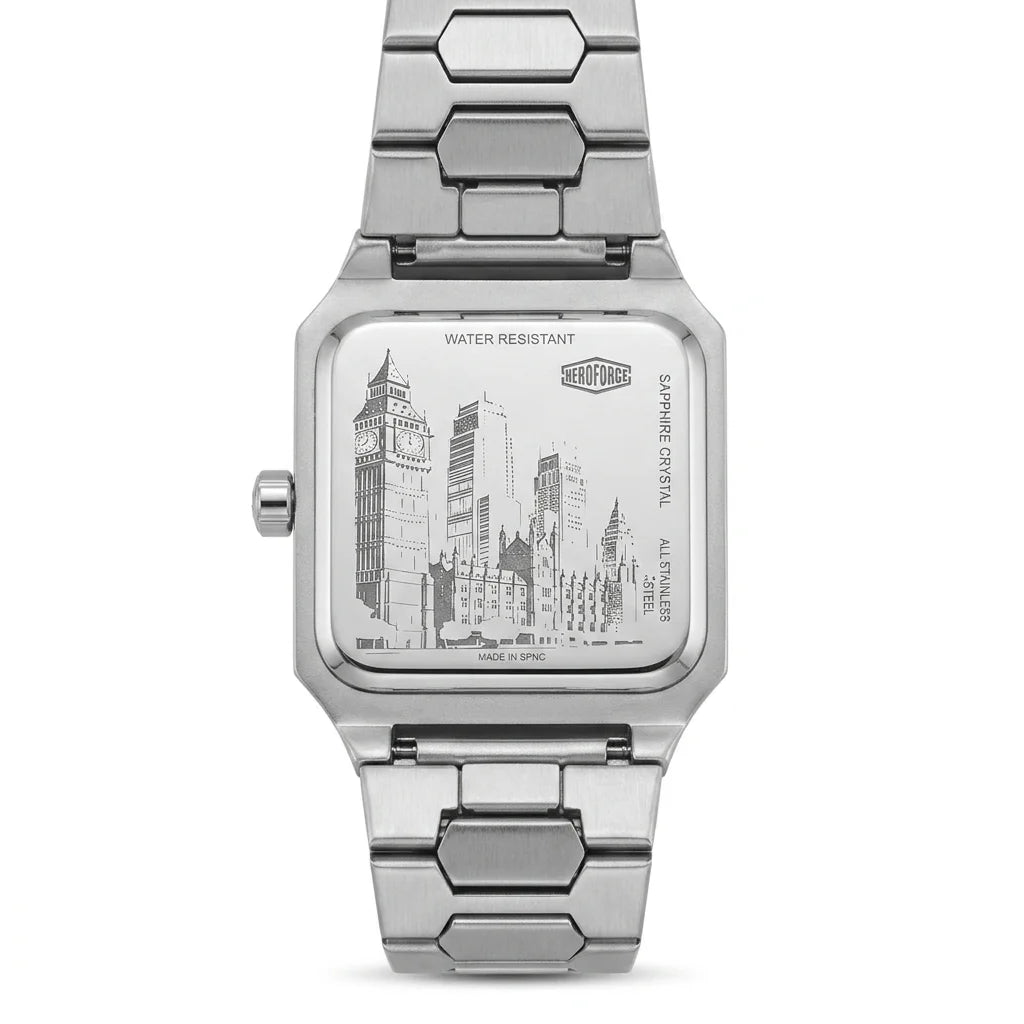 A silver stainless steel analog watch with a square case and a matching metal link bracelet, shown from the back
