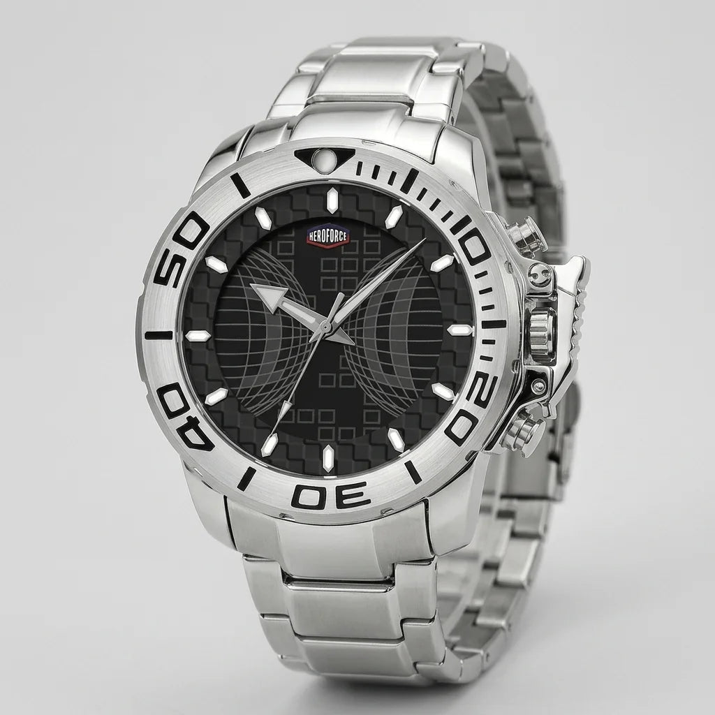 A silver stainless steel wrist watch with a black dial, featuring a rotating bezel and a metallic link bracelet, shown on a light gray background.