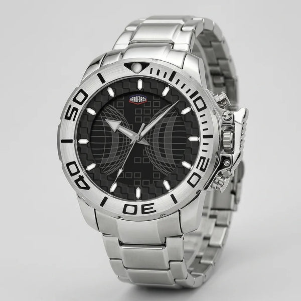 A silver stainless steel wrist watch with a black dial, featuring a rotating bezel and a metallic link bracelet, shown on a light gray background.