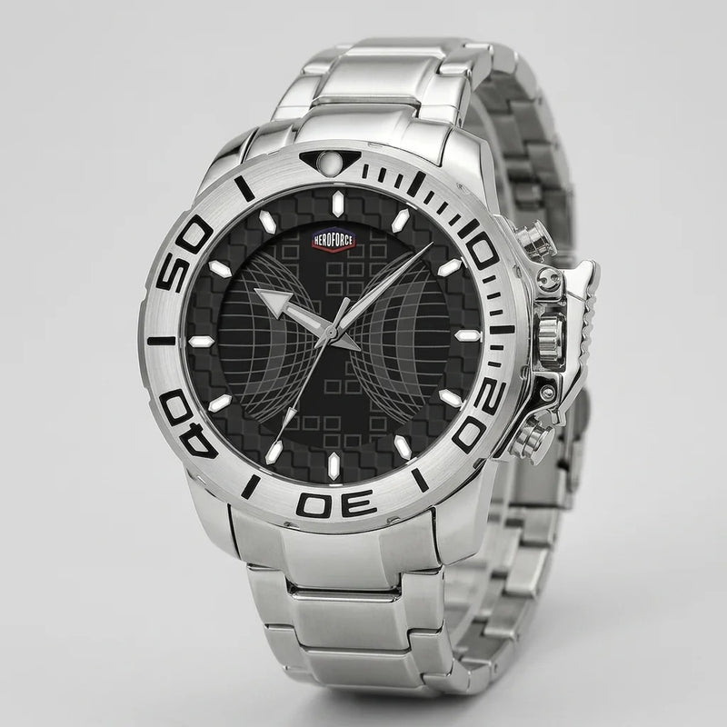 A silver stainless steel wrist watch with a black dial, featuring a rotating bezel and a metallic link bracelet, shown on a light gray background.