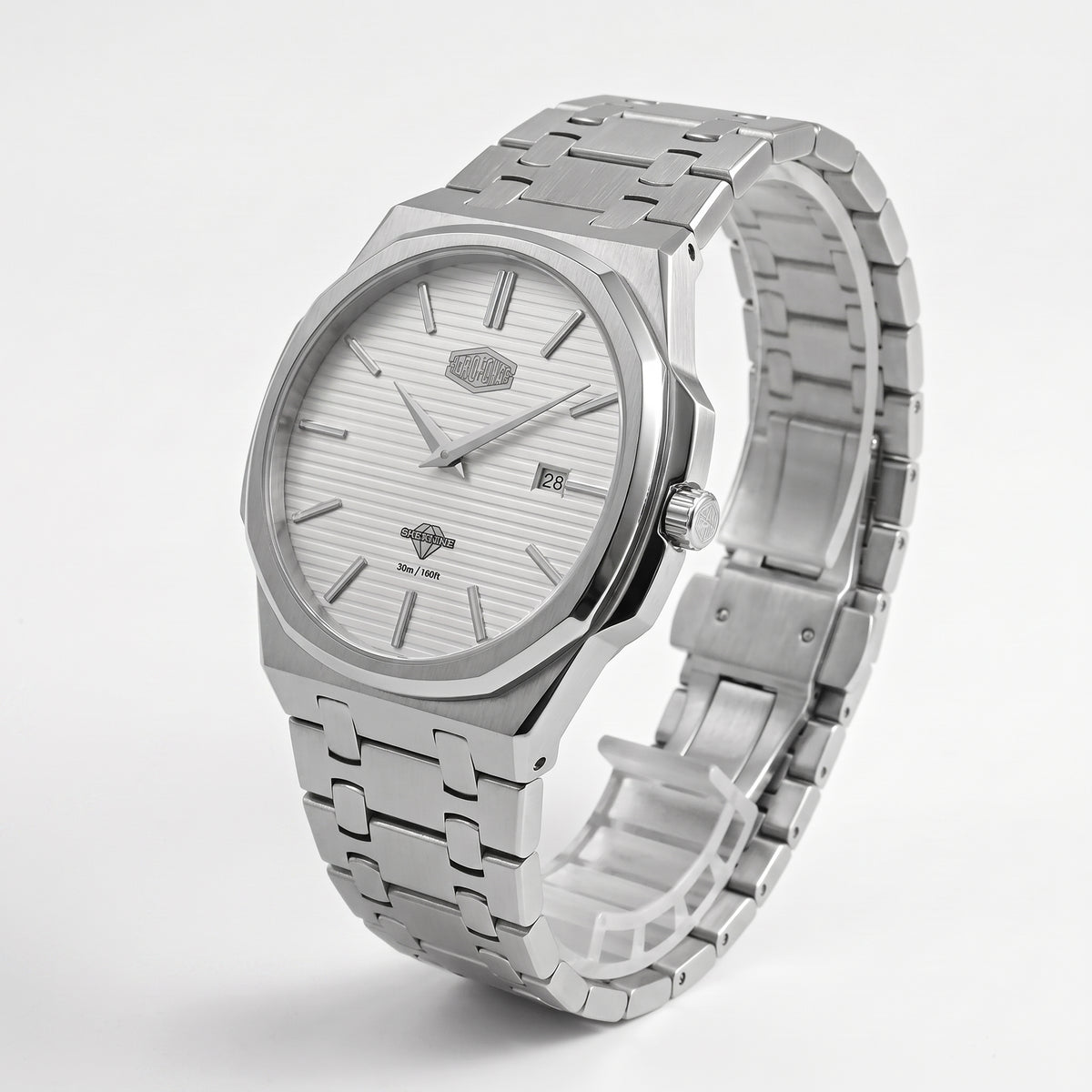 A silver stainless steel wrist watch with a matching link bracelet, featuring a white textured dial, silver hour markers, and a date window at the 3 o'clock position.