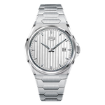 A silver stainless steel wrist watch with a textured dial, hexagonal link bracelet, and a date window at the 3 o'clock position, shown on a light gray background.