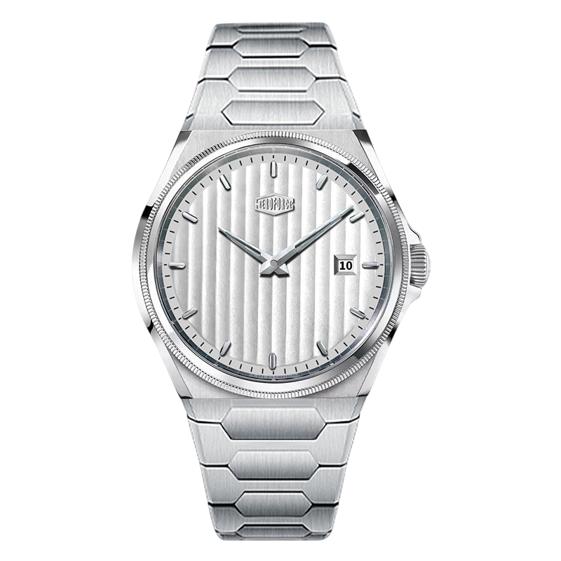 A silver stainless steel wrist watch with a textured dial, hexagonal link bracelet, and a date window at the 3 o'clock position, shown on a light gray background.