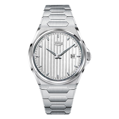 A silver stainless steel wrist watch with a textured dial, hexagonal link bracelet, and a date window at the 3 o'clock position, shown on a light gray background.