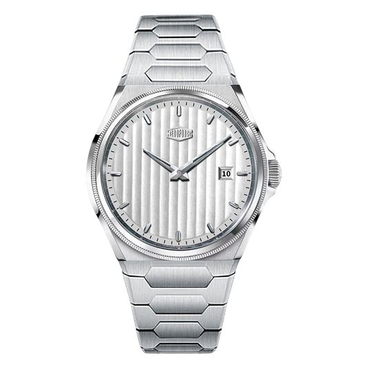 A silver stainless steel wrist watch with a textured dial, hexagonal link bracelet, and a date window at the 3 o'clock position, shown on a light gray background.