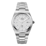 A silver stainless steel wrist watch with a textured white dial, silver-tone index hour markers, and a matching silver link bracelet, shown against a plain white background.