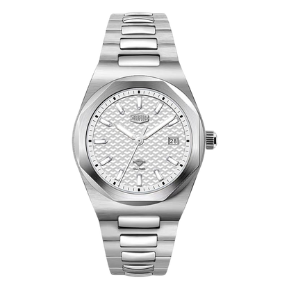 A silver stainless steel wrist watch with a textured white dial, silver-tone index hour markers, and a matching silver link bracelet, shown against a plain white background.