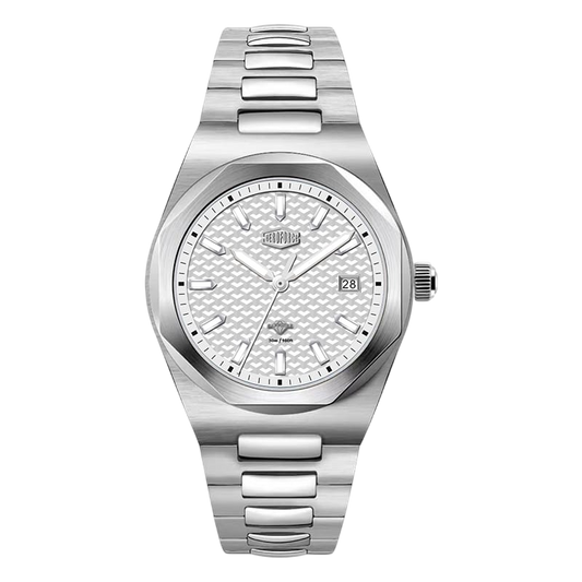 A silver stainless steel wrist watch with a textured white dial, silver-tone index hour markers, and a matching silver link bracelet, shown against a plain white background.