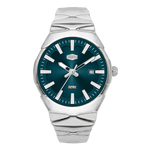 A silver stainless steel wristwatch with a dark teal green dial