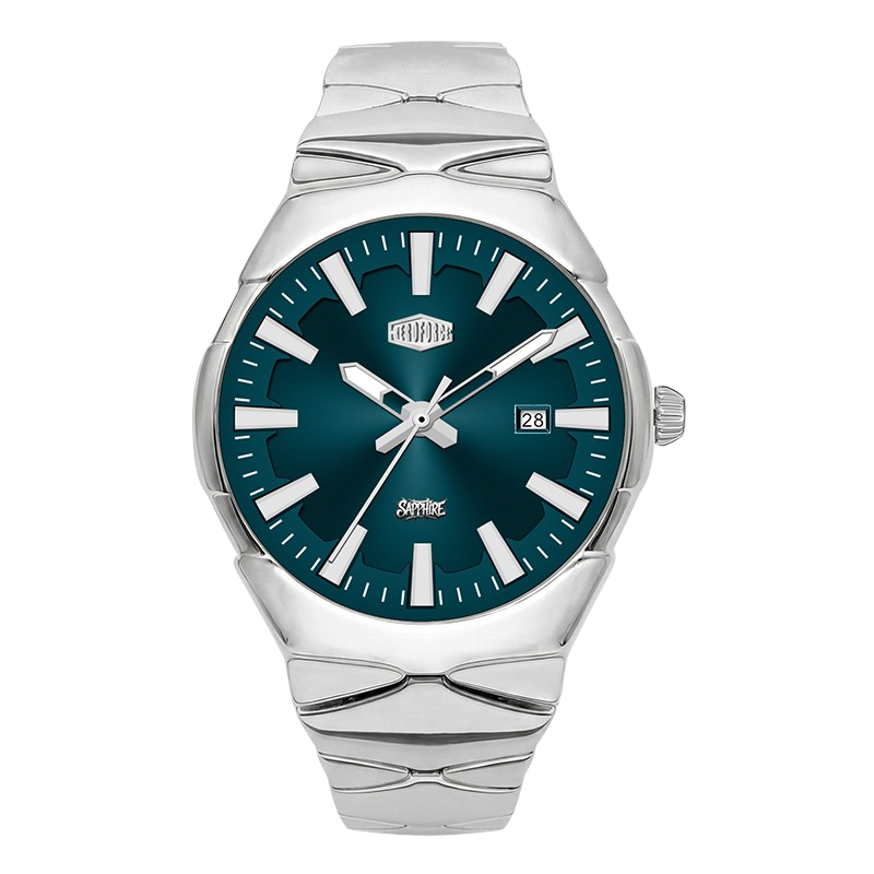 A silver stainless steel wristwatch with a dark teal green dial