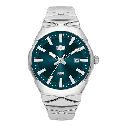 A silver stainless steel wristwatch with a dark teal green dial