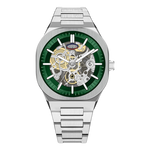 A silver stainless steel wristwatch with a green skeleton dial showing the inner mechanical movement, on a solid white background.