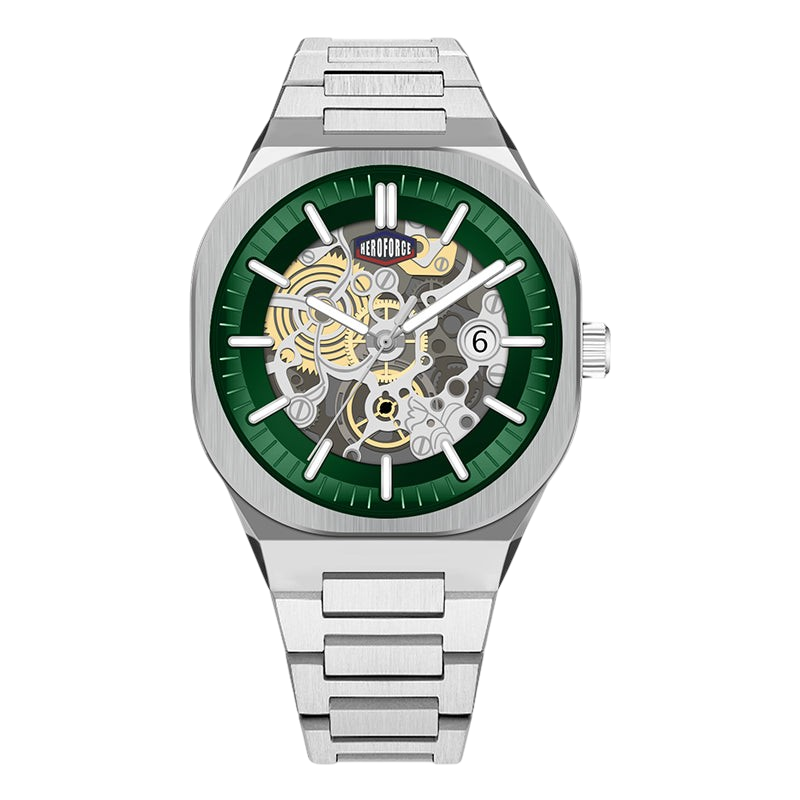 A silver stainless steel wristwatch with a green skeleton dial showing the inner mechanical movement, on a solid white background.
