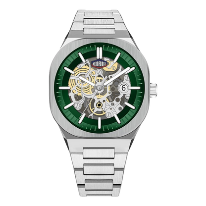 A silver stainless steel wristwatch with a green skeleton dial showing the inner mechanical movement, on a solid white background.