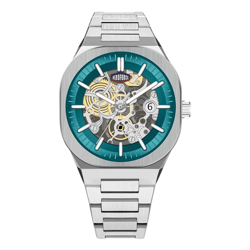 A silver stainless steel wristwatch with a skeleton dial showing gold and silver mechanical gears over a teal blue inner ring, on a plain white background.