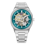 A silver stainless steel wristwatch with a skeleton dial showing gold and silver mechanical gears over a teal blue inner ring, on a plain white background.