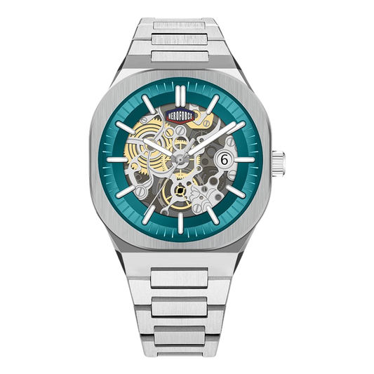 A silver stainless steel wristwatch with a skeleton dial showing gold and silver mechanical gears over a teal blue inner ring, on a plain white background.