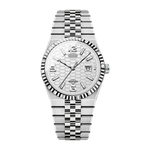 A silver stainless steel wristwatch with a textured honeycomb-patterned white dial, fluted bezel, and matching steel link bracelet, shown against a plain white background.