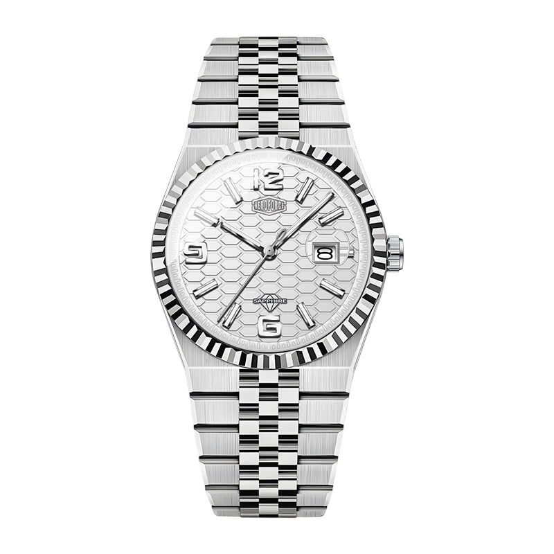 A silver stainless steel wristwatch with a textured honeycomb-patterned white dial, fluted bezel, and matching steel link bracelet, shown against a plain white background.