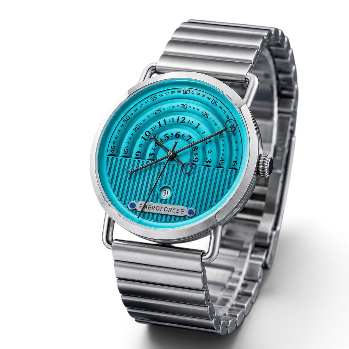 A silver stainless steel wristwatch with a textured turquoise blue dial and a matching silver link bracelet, shown on a clean white background.