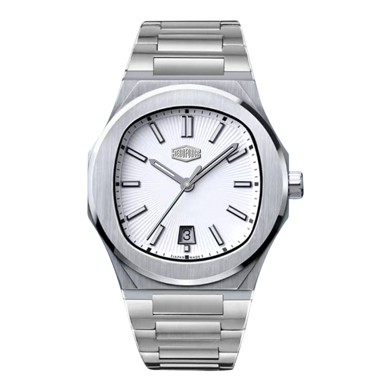 A silver stainless steel wristwatch with a white sunburst dial, black hands and markers, and a date window at 3 o'clock, shown against a plain white background.