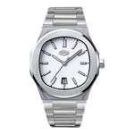 A silver stainless steel wristwatch with a white sunburst dial, black hands and markers, and a date window at 3 o'clock, shown against a plain white background.