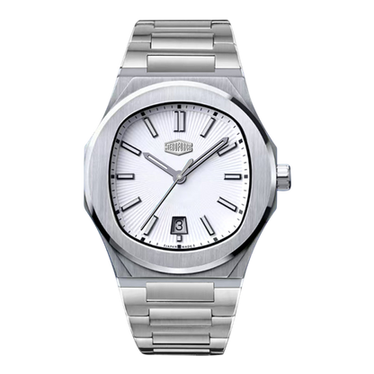 A silver stainless steel wristwatch with a white sunburst dial, black hands and markers, and a date window at 3 o'clock, shown against a plain white background.