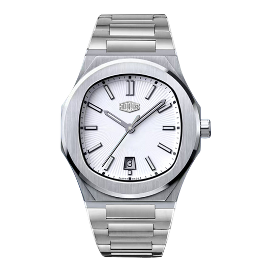 A silver stainless steel wristwatch with a white sunburst dial, black hands and markers, and a date window at 3 o'clock, shown against a plain white background.