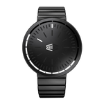 A sleek black HEROFORCE 500A analog watch with a round bezel, matching black metal strap, and a minimalist dial featuring white hands and a central logo, shown against a plain white background.